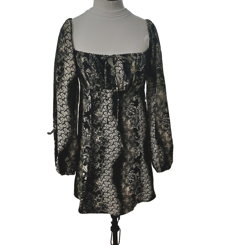 Urban Outfitters Vivienne Black Tan Printed Long Sleeve Mini Dress Size Large